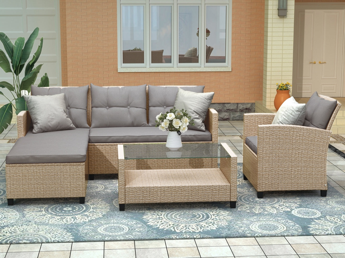 U STYLE Patio Furniture Sets  4PC Wicker Rattan Sofa Conversation Set