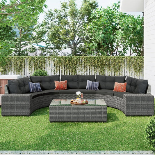 8-Pc Outdoor Wicker Round Sofa Set, Half-Moon All-Weather Curved Sectional