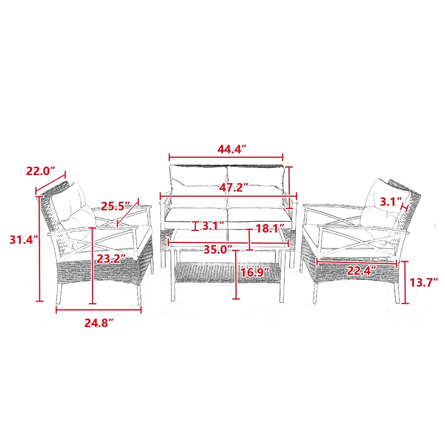 Patio 4Piece Sectional Sofa Set   KD Rattan Wicker Outdoor Garden Furniture