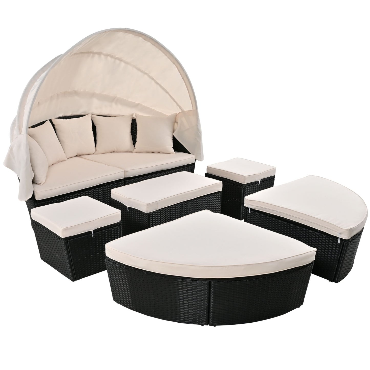 GO Outdoor Rattan Daybed Sunbed With Retractable Canopy Wicker Furniture, Round Outdoor Sectional So