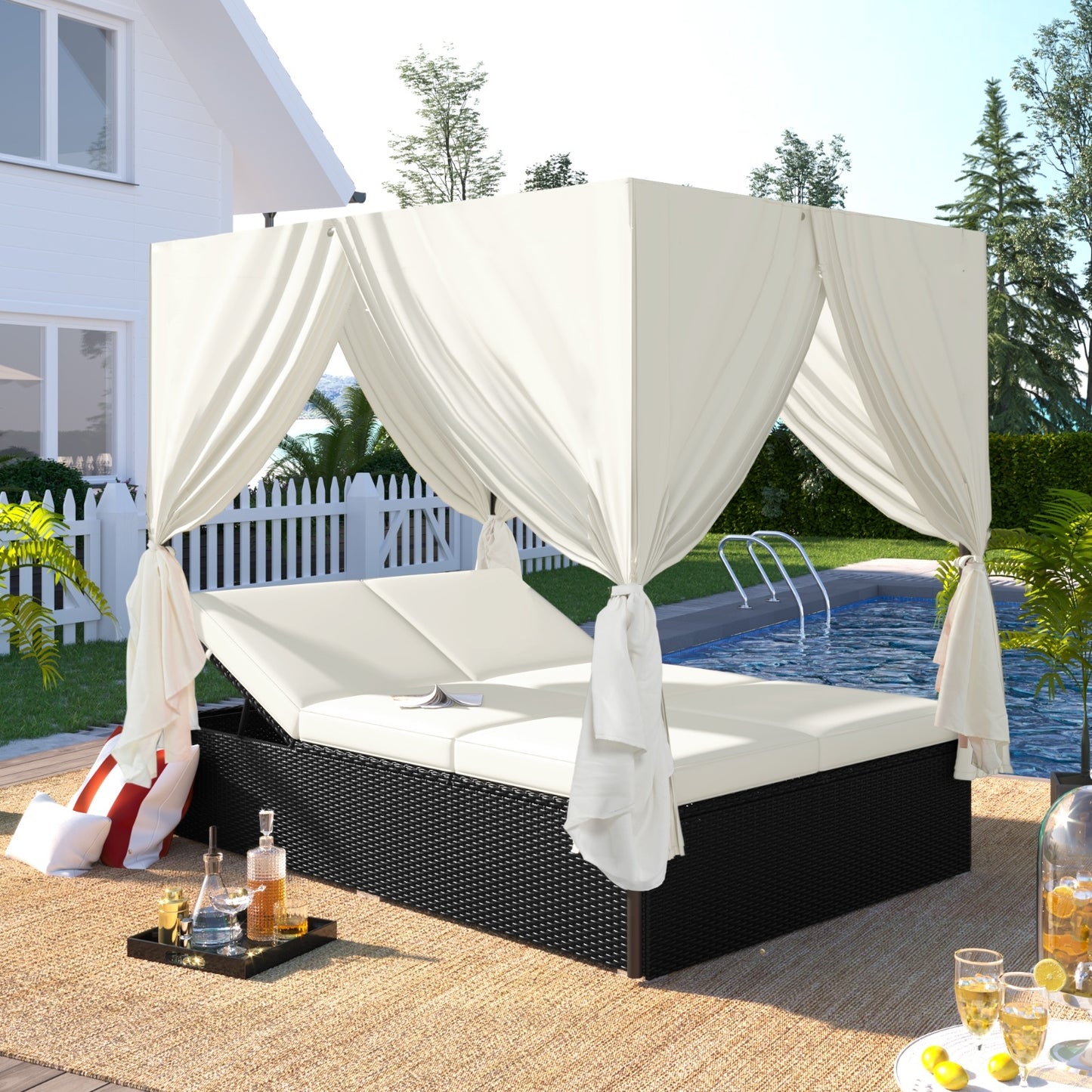 U STYLE Outdoor Patio Wicker Sunbed Daybed With Cushions, Adjustable Seats