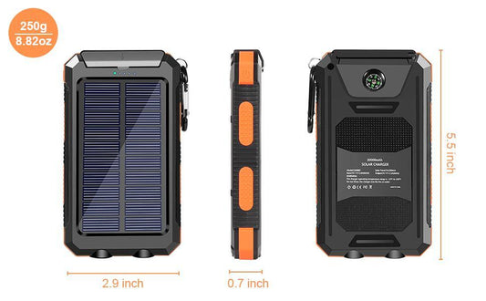Solar Charger Power Bank With A Capacity Of 16800mAh Or 27000mAh. It's A Portable Charger With QC 3.0 Fast Charging Function And Dual USB Ports. It Also Has A Built-in Flashlight And Compass, And Is S