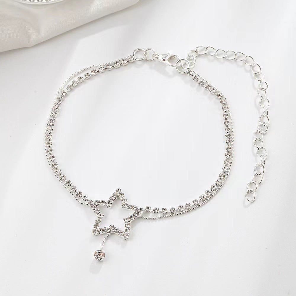 Women's Fashion Personality Five-pointed Star Heart Shape Rhinestone Bead Necklace Anklet