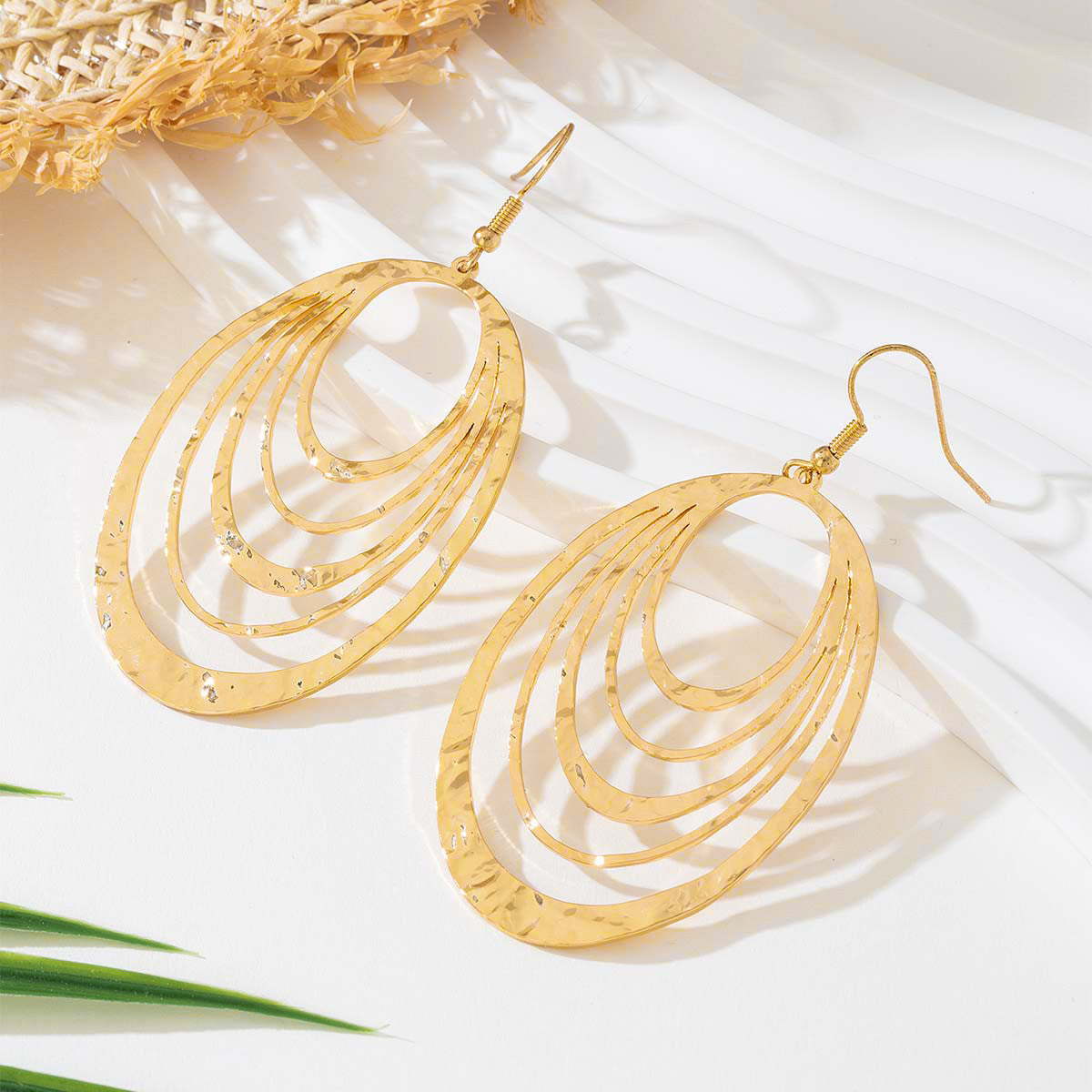 European And American Fashion Elegant 3 Layer Hollow Oval Shaped Big Gold-color Stainless Steel Dangle Drop Earrings